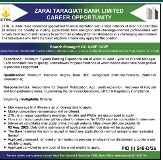 ZTBL Jobs 2026 for Branch Managers and Head Liability Business