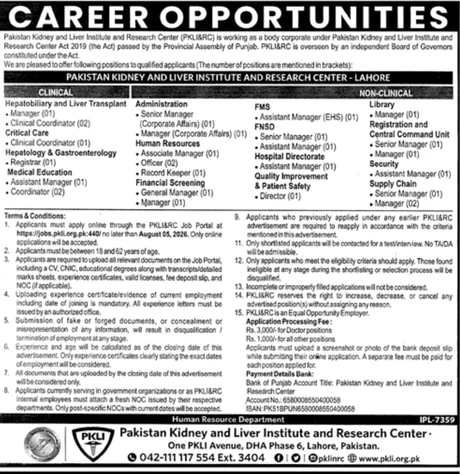 Pakistan Kidney and Liver Institute Jobs 2026