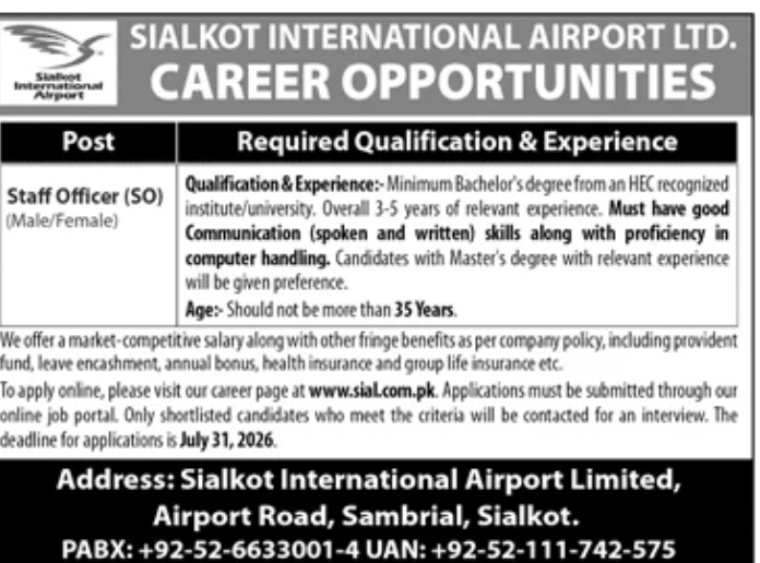 Staff Officer Jobs 2026 at Sialkot International Airport