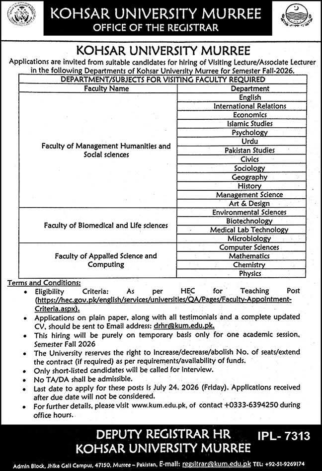 Kohsar University Murree Jobs 2026 for Visiting Lecturers