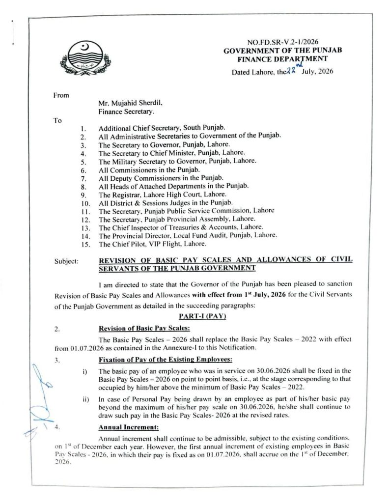 Punjab Government Revised Basic Pay Scales 2026
