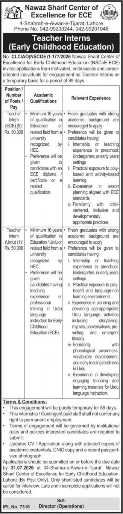 Nawaz Sharif Center of Excellence for ECE Jobs 2026 for Teacher Interns