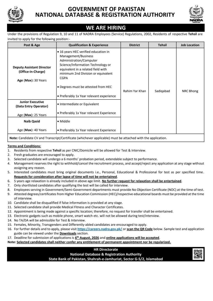 Careers.nadra.gov.pk Data Entry Operator & Naib Qasid Jobs in NADRA 2026