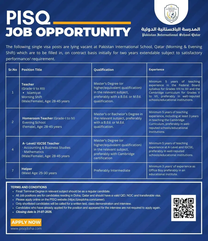 Pakistan International School Qatar Jobs 2026

