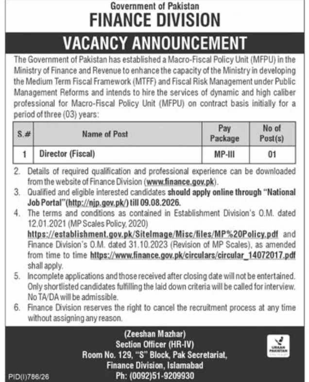 Director (Fiscal) Jobs 2026 at Finance Division Pakistan