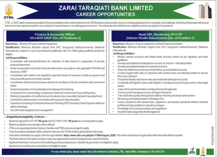 ZTBL Jobs 2026 for Finance Officer 
