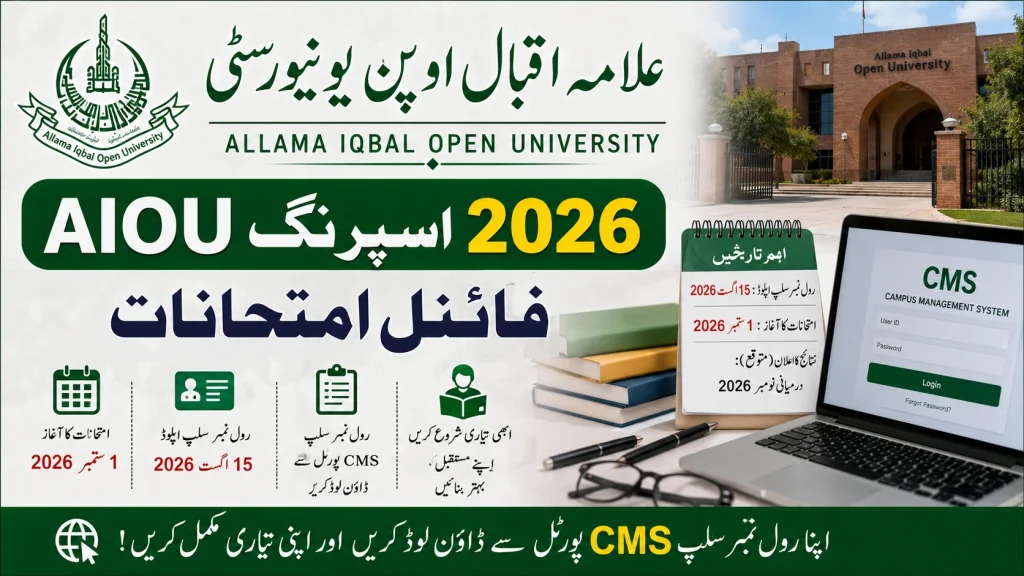 **Focus Keyword:** AIOU Spring 2026 Final Exams **SEO Title:** AIOU Spring 2026 Final Exams at Allama Iqbal Open University **Slug:** aiou-spring-2026-final-exams **Meta Description:** Get the latest updates on AIOU Spring 2026 final exams starting September 1st. Learn how to download your roll number slip from the CMS portal by August 15th. # AIOU Spring 2026 Final Exams at Allama Iqbal Open University *(Add a featured image here with the Alt Text: AIOU Spring 2026 Final Exams)* If you are a student at Allama Iqbal Open University, it is time to gear up for your upcoming papers. The university has officially announced the schedule for the upcoming semester. The AIOU Spring 2026 final exams are set to begin on September 1st, 2026. This applies to various programs offered by the university. Students who have been waiting for their schedules can now start planning their study routines. The university has streamlined the process to make it easier for everyone to access their details online. Instead of waiting for physical mail, you will need to use the university's digital system. Roll number slips will be uploaded to the official CMS portal by August 15th, 2026. This guide covers everything you need to know about the upcoming exams, how to get your slip, and the best ways to prepare. ## Important Dates for AIOU Spring Exams Keeping track of dates is the first step to exam success. AIOU is very strict about its academic calendar. Missing a deadline or an exam date can result in failing the course. Here are the most important dates you need to mark on your calendar right now: * **Roll Number Slips Upload Date:** August 15th, 2026 * **Final Exams Start Date:** September 1st, 2026 * **Result Announcement (Expected):** Mid-November 2026 Make sure to set reminders on your phone. You should start checking the CMS portal a few days before August 15th, just in case the university uploads the slips early. ## How to Download Roll Number Slips from AIOU CMS Portal AIOU no longer sends paper roll number slips to your home address. Everything is now managed through the Campus Management System (CMS). If you are new to the system or just need a refresher, downloading your slip is a simple process. You can do it from your smartphone or computer. Follow these simple steps to get your roll number slip: 1. Open your web browser and visit the official AIOU website. 2. Click on the "Enrollment (CMS)" link. 3. Enter your User ID and Password. (These are provided to you at the time of admission). 4. Once logged in, look for the "Exam & Grades" box and click on it. 5. Click on "My Exam Schedule." 6. Hit the "Search" button at the bottom of the page. 7. Your AIOU Spring 2026 final exams schedule will appear on the screen. 8. Click the download or print button to save a copy. *(Internal Link Idea: Link to a previous article on your site about "How to recover AIOU CMS password" if you have one)* ## What to Check on Your Roll Number Slip Once you download your slip, do not just put it away. You need to review it carefully to ensure all your information is correct. Mistakes can happen, and it is better to fix them before the exam day. If you wait until September 1st, the exam staff might not let you sit in the hall. Check the following details carefully: * **Your Full Name and Father's Name:** Ensure the spelling matches your CNIC. * **Your Picture:** Make sure the printed photo is yours and is clear. * **Course Codes:** Cross-check the codes on the slip with the subjects you enrolled in for the Spring semester. * **Exam Center Address:** Find out exactly where your center is located so you do not get lost on the first day. * **Exam Timings:** Note whether your papers are in the morning or evening shift. If you spot any errors, contact your nearest AIOU Regional Office immediately. You can also register a complaint through the AIOU helpdesk online. ## Effective Preparation Tips for AIOU Students Passing the AIOU Spring 2026 final exams requires good planning. Since AIOU is a distance-learning university, you have to manage your own study time. Many students make the mistake of waiting until the last week to open their books. This leads to stress and poor grades. Here are some practical tips to help you get high marks this semester: ### 1. Review Your Assignments AIOU final papers heavily rely on the concepts covered in your assignments. If you wrote your assignments yourself, you already have a head start. Go through all your submitted assignments and use them as your primary study notes. ### 2. Practice with Past Papers Past papers are the best way to understand the paper pattern. They show you which chapters are most important. Try to find past papers from the last five years and solve them within a three-hour time limit. ### 3. Focus on Key Books The university provides study materials for a reason. While guidebooks from the market can be helpful, the exam questions are mostly taken directly from the official AIOU books. Read the chapter summaries and self-assessment questions at the end of each unit. ### 4. Create a Study Schedule Break down your syllabus by the number of days left until September 1st. Dedicate at least two hours daily to focused reading. Keep your phone away during this time to avoid distractions. ## Exam Day Rules and Guidelines AIOU has strict rules for exam centers to ensure fairness. You need to know these rules so you do not face any issues with the invigilators. Getting disqualified for a simple mistake is the last thing you want. Read these guidelines carefully before you leave for your center. * **Bring Original ID:** You must bring your original CNIC. Photocopies are not accepted. If you are under 18, bring your original B-Form. * **Printed Roll No Slip:** Bring a clear printed copy of the slip you downloaded from the CMS portal. * **Arrive Early:** Reach your exam center at least 30 minutes before the paper starts. This gives you time to find your seat and relax. * **No Electronics:** Mobile phones, smartwatches, and programmable calculators are strictly banned inside the exam hall. * **Bring Your Own Supplies:** Bring your own blue or black pens, rulers, and pencils. Borrowing is usually not allowed during the paper. ## Understanding the AIOU Grading System To pass your courses, you need to understand how AIOU calculates your final grade. It is not just about the final exam. Your continuous assessment (assignments, workshops) plays a big role in your overall success. For most bachelor's and master's programs, your assignments hold a 30% weightage, while the final exam holds 70%. You must pass both components separately. If you get high marks in the final exam but fail your assignments, you will fail the entire course. Make sure you know the passing marks for your specific program, as they differ between Matric/FA and higher education levels. ## Dealing with Exam Stress Distance learning can feel lonely, and exam stress is a real issue for many AIOU students. Since you balance studies with jobs or family life, the pressure can build up quickly. Take care of your health as September approaches. Eat well, stay hydrated, and do not skip sleep. A tired brain cannot remember facts during a three-hour paper. Talk to fellow students in AIOU Facebook groups or WhatsApp communities. Sharing your concerns with people facing the same challenges can greatly reduce your stress levels. *(External Link Idea: Link to a trusted educational resource about managing exam anxiety)* ## Final Thoughts The AIOU Spring 2026 final exams are just around the corner. With the exams starting on September 1st, you have enough time to prepare if you start right now. Remember to log in to your CMS portal by August 15th to secure your roll number slip. Check it for errors, find your exam center early, and focus hard on your course books and past papers. Good luck with your exams! Stay focused, work hard, and you will achieve great results this semester. ## Frequently Asked Questions (FAQs) **When will the AIOU Spring 2026 final exams start?** The final exams for various programs in the Spring 2026 semester will officially begin on September 1st, 2026. **How can I download my AIOU roll number slip?** You can download your slip from the AIOU CMS portal. Log in with your Student ID, go to "Exam & Grades," select your schedule, and download the file. **When will the roll number slips be available online?** The university will upload the roll number slips to the CMS portal by August 15th, 2026. **What should I do if I forget my CMS portal password?** If you forget your password, you can reset it by clicking the "Forgot Password" link on the CMS login page, or by contacting your regional AIOU office for technical support. **Can I enter the exam hall without a printed slip?** No, a printed copy of your roll number slip from the CMS portal, along with your original CNIC, is required to enter the examination center. Soft copies on mobile phones are not accepted.