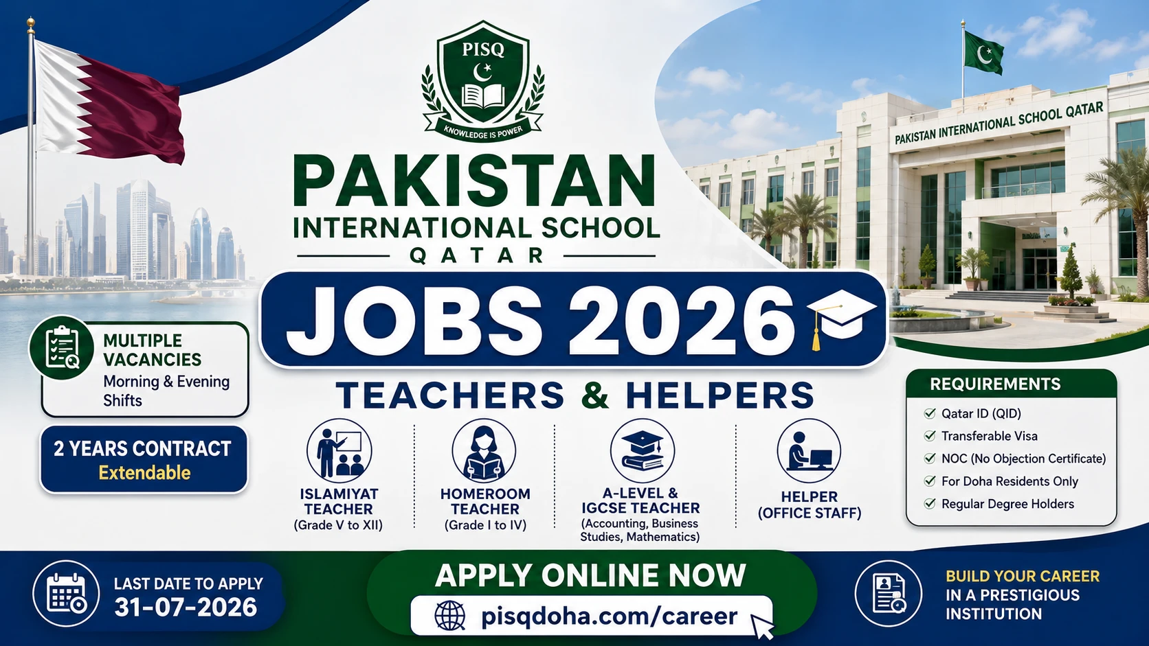 Pakistan International School Qatar Jobs 2026 for Teachers and Helpers