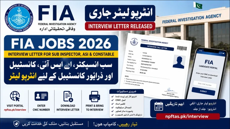 FIA Jobs 2026 for Sub Inspector, ASI & Constable Interview Letter