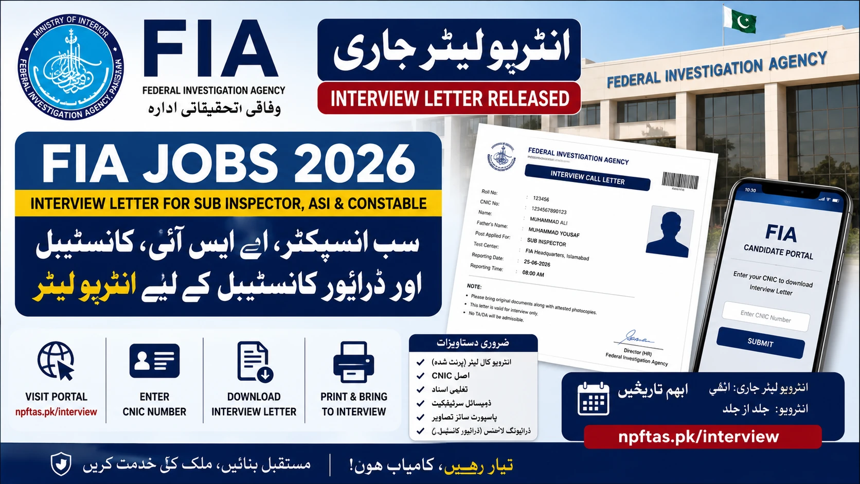 FIA Jobs 2026 for Sub Inspector, ASI & Constable Interview Letter