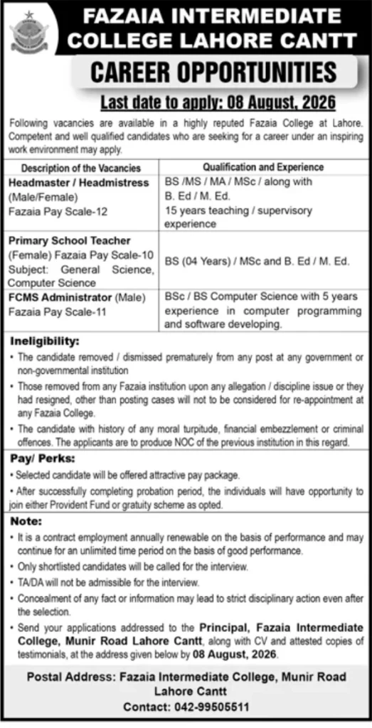 Fazaia College Careers 2026
